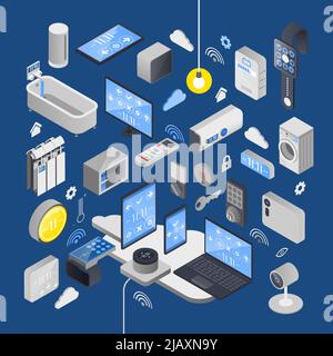 IOT Internet of Things isometrische Zusammensetzung mit Elementen des Smart House und technische Attribute Vektor-Illustration Stock Vektor