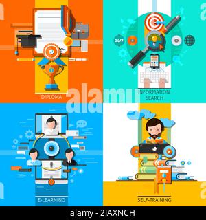 Online-Bildung Konzept Symbole mit Diplom-und Informationssuche Symbole flach isoliert Vektor-Illustration gesetzt Stock Vektor