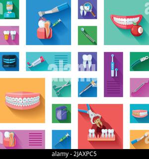 Verschiedene bunte Zahnarzt Symbole mit Zähnen Untersuchung Behandlung und Ausrüstung für Pflege und Behandlung auf weißem Hintergrund flach isoliert Vektor il gesetzt Stock Vektor