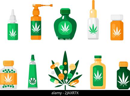 Farbige Apotheke Cannabiszusammensetzung in flachem Stil mit verschiedenen Arten von Drogen und Methoden der Verwendung von Vektor-Illustration Stock Vektor