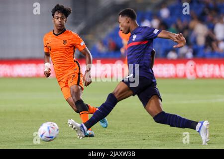 NETANYA, ISRAEL - 1. JUNI: Jaden Slory of the Netherlands U17 während des UEFA-U-17-Europameisterschaftsfinalmatches zwischen Frankreich U17 und den Niederlanden U17 im Netanya-Stadion am 1. Juni 2022 in Netanya, Israel (Foto: NIR Keidar/BSR Agency) Stockfoto