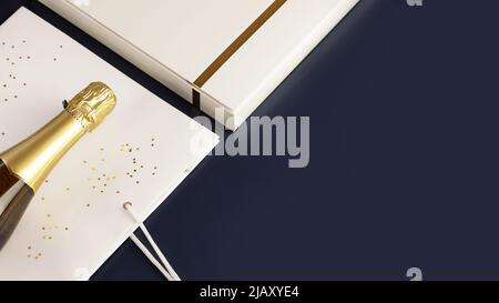 Eine Flasche Champagner auf einer Geschenktüte und eine weiße Schachtel Pralinen Stockfoto