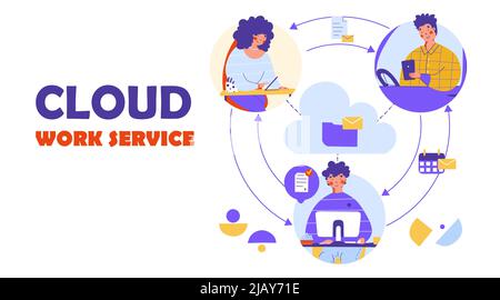 Vorlage für die Landing Page für Cloud Work Service Flat Vector. Remote-Arbeit Digitale Kommunikation. Stock Vektor