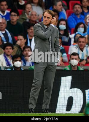 Italien-Cheftrainer Roberto Mancini während des Finalissima 2022-Spiels im Wembley Stadium, London. Bilddatum: Mittwoch, 1. Juni 2022. Stockfoto