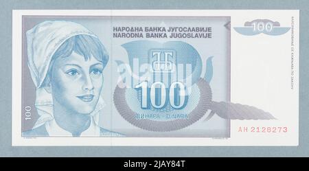 Banknote für 100 Dinara, Nationalbank Jugoslawien, Jugoslawien, 1992 Institut für die Produktion von Novarnica und Kovanog Geld, Belgrad, Andric, D., Hrvanovic, N., Medijan, P., Obradovic, R. Stockfoto