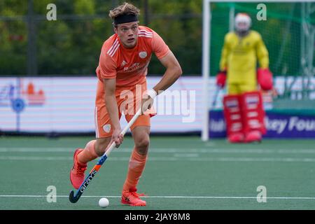 MALDEN, NIEDERLANDE - 1. JUNI: Derck de Vilder aus den Niederlanden während des FIH Pro League-Spiels zwischen den Niederlanden und Argentinien im Sportkomplex De Kluis am 1. Juni 2022 in Malden, Niederlande (Foto: Jeroen Meuwsen/Orange PicBilder) Stockfoto