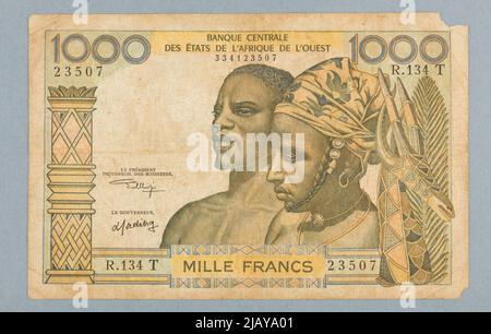 Banknote für 1000 Franken, Zentralbank der westafrikanischen Staaten, Westafrika, T (= Togo), B.R. (1959 65) Banque de France, Paris Stockfoto