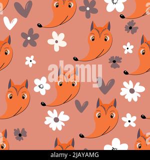 Nahtloses Muster mit niedlichen Fuchs Gesicht auf Farbe floralen Hintergrund. Vektor flache Tiere bunte Illustration für Kinder. Entzückende Cartoon-Figur. Design Stock Vektor