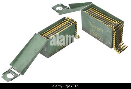 3D Darstellung einer geöffneten, auf Weiß isolierten Gewehrmunition-Kiste. NATO-Verleumder. Perspektivische Ansicht. Stockfoto