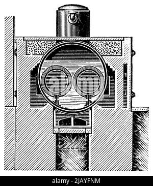 Zweischächelkessel, Schnittansicht. Veröffentlichung des Buches 'Meyers Konversations-Lexikon', Band 2, Leipzig, Deutschland, 1910 Stockfoto