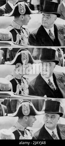 König George und Präsident Roosevelt sind jetzt alte Freunde: Zwischen dem Lächeln der King Gorge und des Präsidenten Roosevelt Drive Pennsylvania Avenue in Washington am 8. Juni kamen ernste Momente, denn sie sind die Köpfe der beiden größten Länder der Welt. 22. Juni 1939. (Foto von Associated Press Photo). Stockfoto