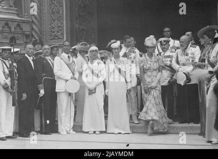 Hochzeit des Herzogs von Spoleto mit Prinzessin Irene von Griechenland. Herzog und Herzogin von Kent (Mitte) links Kronprinz Umberto di Savoia - rechts König Ferdinand von Bulgaris (ohne Hut). 1. Juli 1939. (Foto von Carlo Carletti Exclusive News Photo Service). Stockfoto