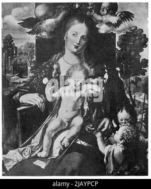 Madonna mit dem Siskin von einem deutschen Maler Albrecht Dürer. Veröffentlichung des Buches 'Meyers Konversations-Lexikon', Band 2, Leipzig, Deutschland, 1910 Stockfoto