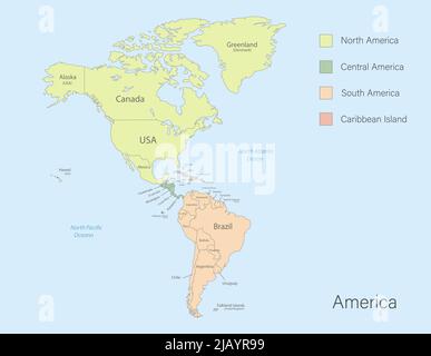 Amerika-Karte, klassische Farbe detaillierte Karte mit Staaten Inseln und Meer mit Namen Vektor Stock Vektor