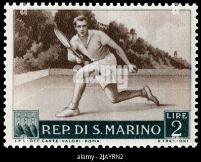 Tennisspieler auf der Briefmarke von San Marino abgebildet. Stockfoto