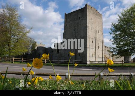 Die eindrucksvollste und besterhaltene der römischen Forts der Sächsischen Küste, das Portchester Castle in Portchester, in der Nähe von Portsmouth in Hampshire, wurde ursprünglich Ende des 3.. Jahrhunderts erbaut. Mit einer Fläche von fast zehn Hektar ist es die einzige römische Festung in Nordeuropa, deren Mauern noch immer hauptsächlich bis zu ihrer vollen Höhe von 6 Metern mit den meisten ihrer ursprünglich zwanzig Türme stehen. Die riesige Festung am Wasser, die später eine sächsische Siedlung beherbergt, wurde im 12.. Jahrhundert zu einem normannischen Schloss, als in einer Ecke ein beeindruckender Turmfried errichtet wurde. PIC MIKE WALKERT 2010 Stockfoto