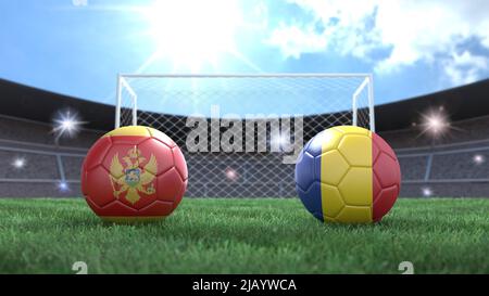 Zwei Fußballbälle in Flaggen-Farben auf Stadion verschwommener Hintergrund. Rumänien und Montenegro. 3D Bild Stockfoto