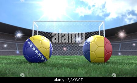 Zwei Fußballbälle in Flaggen-Farben auf Stadion verschwommener Hintergrund. Bosnien und Rumänien. 3D Bild Stockfoto