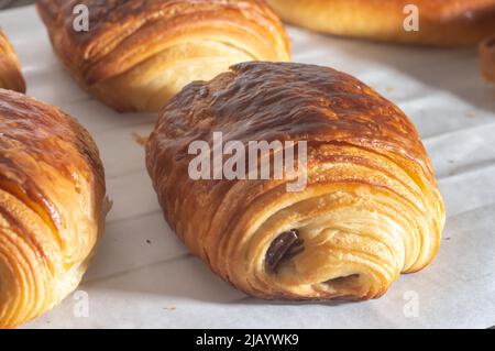 Frisch gebackene traditionelle französische Croissant-Schokolade - Petit Pain au Chocolat, glänzend in den Strahlen der Morgensonne. Stockfoto