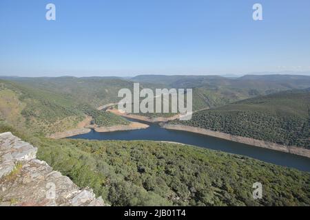 Blick vom Castillo de Monfragüe auf die Ufer des Rio Tajo, Extremadura, Spanien Stockfoto