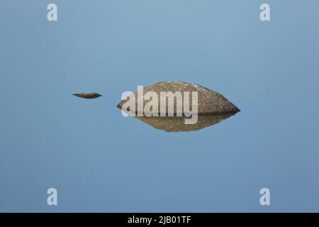 Spiegelung aus dem Stein im ruhigen Wasser in Los Barruecos, Extremadura, Spanien Stockfoto