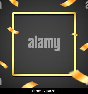 Hochwertiger goldener Rahmen mit fliegendem Konfetti auf schwarzem Hintergrund, Geschenkkarten-Vektor-Design. Stock Vektor