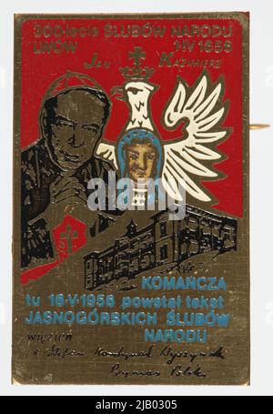 Religiöses patriotisches Abzeichen zum 300.. Jahrestag der Hochzeiten von Jan Kazimierz und Jasna Góra Gelübde der Nation im Jahr 1956. Unbekanntes Etikett Stockfoto