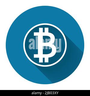 Symbol Münze Bitcoin weißes Symbol mit langen Schatten schwarz, einfache Design style.Vector Illustration Stock Vektor