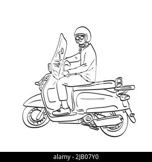 In voller Länge Mann mit Helm Reiten Retro Motorrad Illustration Vektor Hand gezeichnet isoliert auf weißem Hintergrund Linie Kunst. Stock Vektor