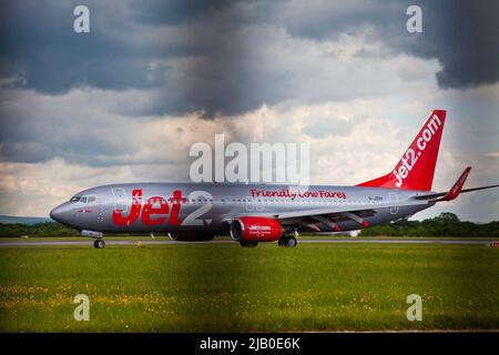 Start- und Landebahn des Flughafens Manchester Stockfoto