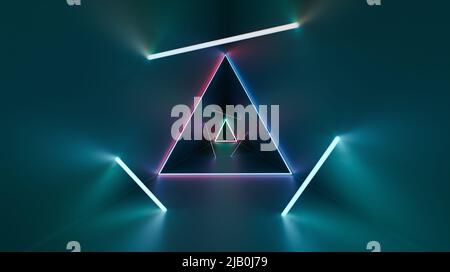Abstrakte dreieckige Form Hintergrund mit leuchtenden bunten dreieckigen Laserstrahlen Neon. 3D Rendern Stockfoto