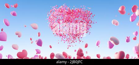 Ein großes Liebesherz, bestehend aus einem Haufen Liebesballons. Valentinstag und Hochzeit Design-Konzept Hintergrund. 3D-Rendering. Stockfoto