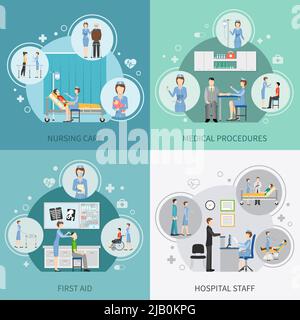 Krankenschwester Gesundheitswesen 2x2 Design-Konzept Satz von Krankenhauspersonal Bereitstellung erste Hilfe und Durchführung von medizinischen Verfahren flache Vektor-Illustration Stock Vektor