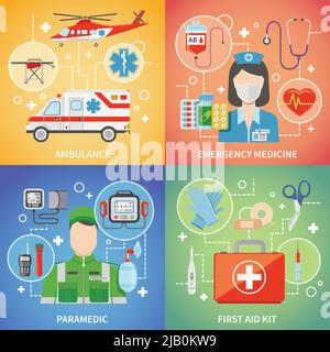 Paramedic 2x2 Design Concept Set mit medizinischen Geräten für erste Hilfe und Notfallmedizin flache Vektorgrafik Stock Vektor