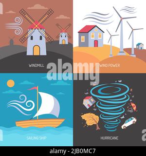 Farbe flache Zusammensetzung 2x2 Darstellung Windkraft Windmühle Hurrikan Segelschiff Vektor Illustration Stock Vektor