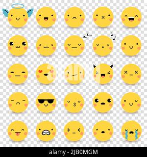 Fünfundzwanzig niedliche gelbe flache Emoticons mit verschiedenen Emotionen isoliert auf transparenten Hintergrund Vektor-Illustrationen Stock Vektor