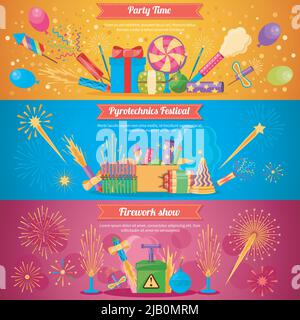 Horizontale flache Pyrotechnik Festival isolierte Banner mit bunten Cracker und Ballons für Feuerwerk zeigen Vektor-Illustration Stock Vektor