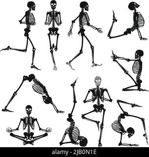 Menschliche Skelette schwarze Silhouetten tun Gymnastik und Yoga Asanas isoliert auf weißem Hintergrund flache Vektor-Illustration Stock Vektor