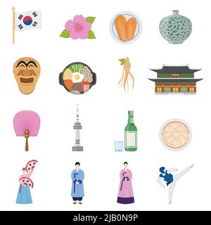 Koreanische kulturelle Symbole flache Ikonen Sammlung mit traditioneller Küche Kleidung Sportspiele und Sehenswürdigkeiten isoliert Vektor-Illustration Stock Vektor