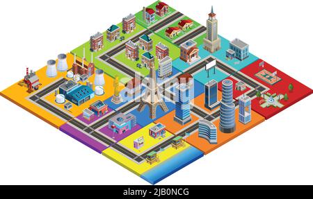 Stadtplan isometrische Konstruktion aus bunten Blöcken von Wohn-Industrie-Gewerbegebieten und Sehenswürdigkeiten Vektor-Illustration Stock Vektor