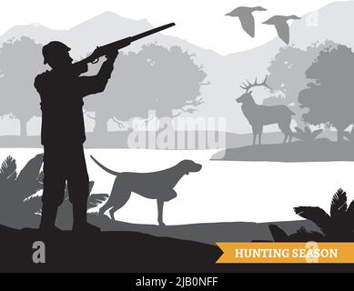 Hunter Silhouette Schießen fliegende Vögel und Hirsche während der Jagdsaison monochrome flache Vektor-Illustration Stock Vektor