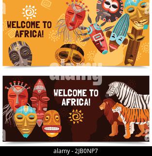 Bunte horizontale Banner mit afrikanischen ethnischen Stammes rituellen Masken und wilden Tieren isoliert auf weißem Hintergrund Vektor-Illustration Stock Vektor