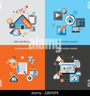 Immobilien-Design-Konzept mit Verkauf und Vermietung Markt Wohnung suchen Verbesserungen Wohnung Symbole isoliert Vektor Illustration Stock Vektor