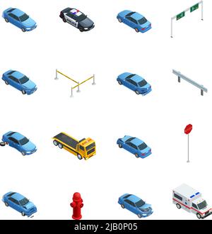Bunte Autounfälle isometrische Symbole mit Evakuator Polizei Krankenwagen und Straßenschild isoliert auf weißem Hintergrund Vektor-Illustration gesetzt Stock Vektor