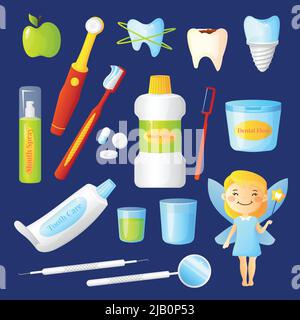 Zahnpflege-Set mit Zahnarzt und Gesundheit Symbole auf blauem Hintergrund flach isoliert Vektor-Illustration Stock Vektor