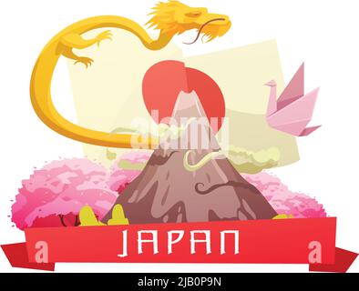 Japanische Kultur und nationale Symbole Retro Cartoon Komposition Poster mit Flagge Kirschblüte und fuji Berg Vektor Illustration Stock Vektor