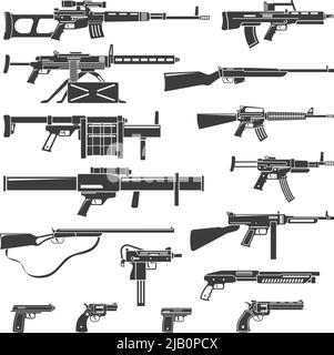 Flaches Design Waffen Gewehre Gewehre und Pistolen monochromen Satz isolierte Vektor-Illustration Stock Vektor