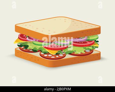 Salami-Sandwich Essen Emblem mit Tomaten Salat Gurke Zwiebel Käse isoliert Vektor-illustration Stock Vektor