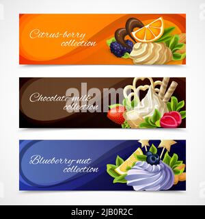 Dekorative süße Desserts horizontale Banner Zitrusfrüchte Schokolade Milch Heidelbeere Nusssammlung Vektor-Illustration Stock Vektor