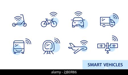 Intelligente Verkehrsmittel. Drahtlose Verbindung und selbstfahrende Fahrzeuge. Pixel Perfect, bearbeitbare Strichsymbole eingestellt Stock Vektor